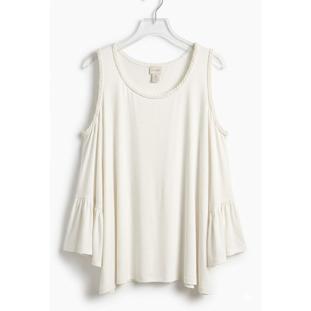UGC Chico's White Cold Shoulder Bell Sleeve Blouse Braided Trim Boho Flowy Top L - Picture 1 of 9